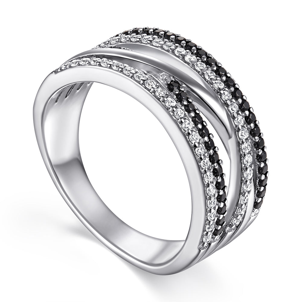 925 Sterling Silver Black & White Cz Fancy Ladies Crossover Ring