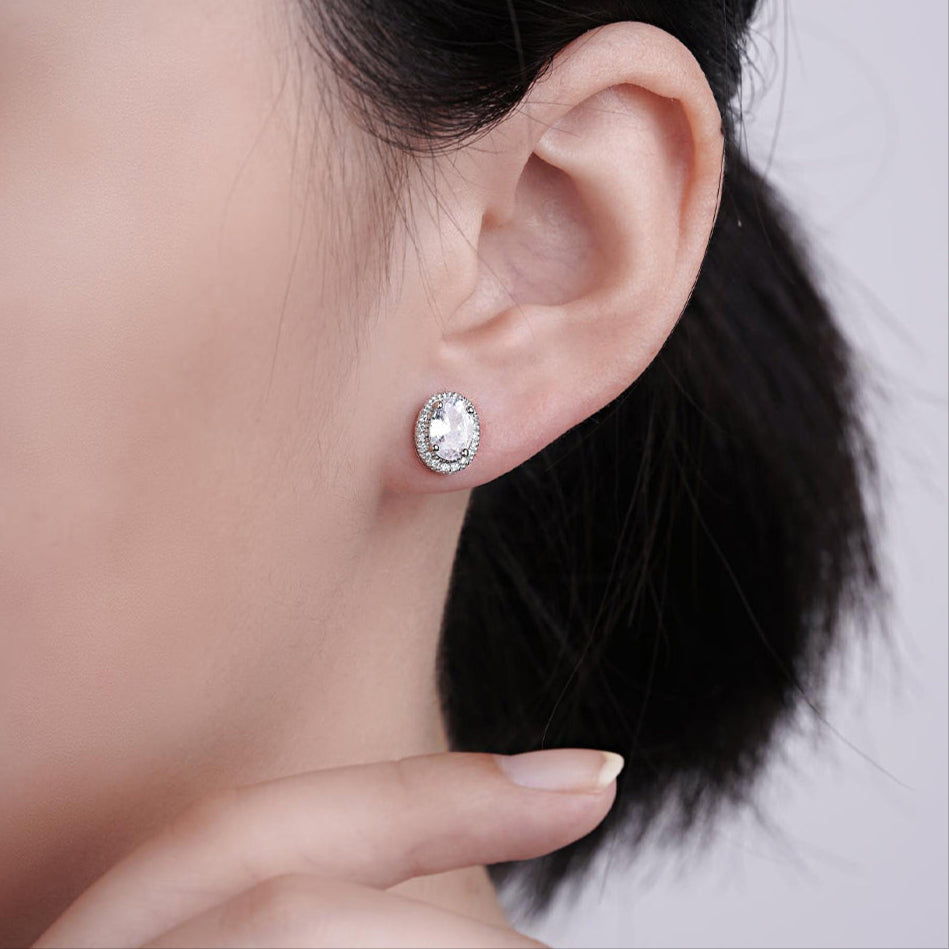 925 Sterling Silver 1ct Oval Halo Cz Ladies Stud Earrings