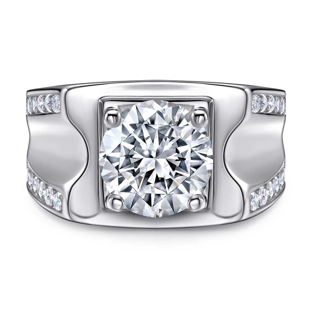 925 Sterling Silver Large Round Centre Cz Gents Ring