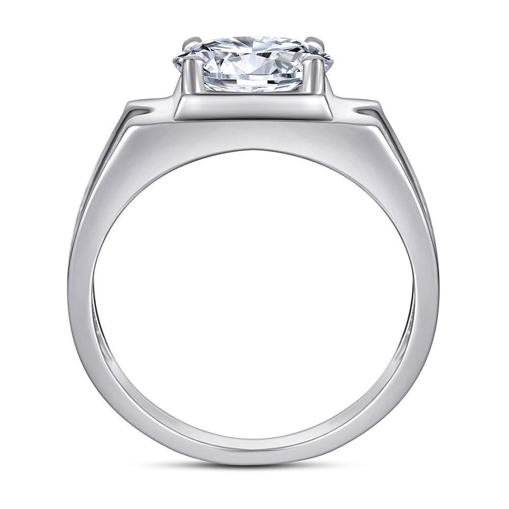 925 Sterling Silver Large Round Centre Cz Gents Ring