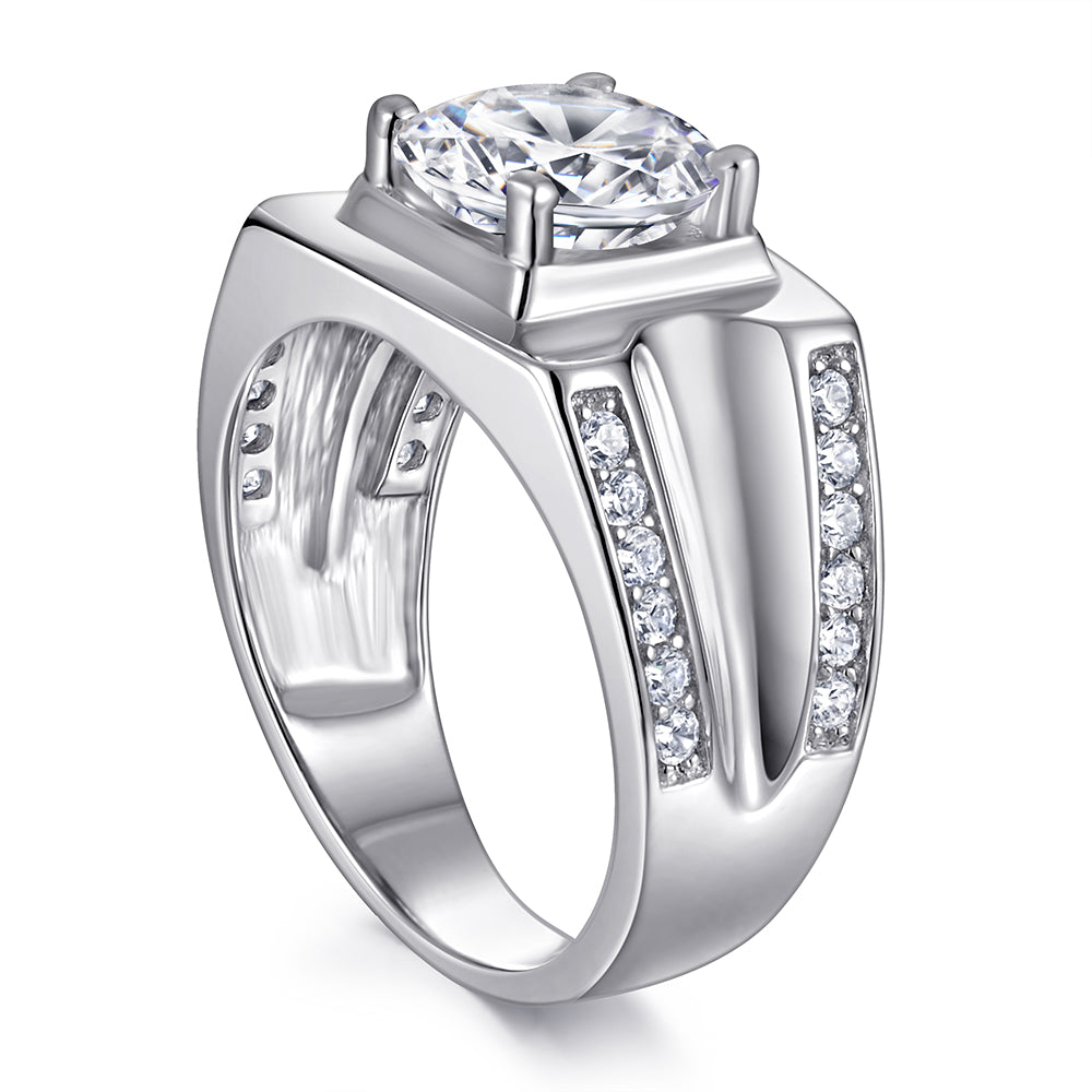 925 Sterling Silver Large Round Centre Cz Gents Ring
