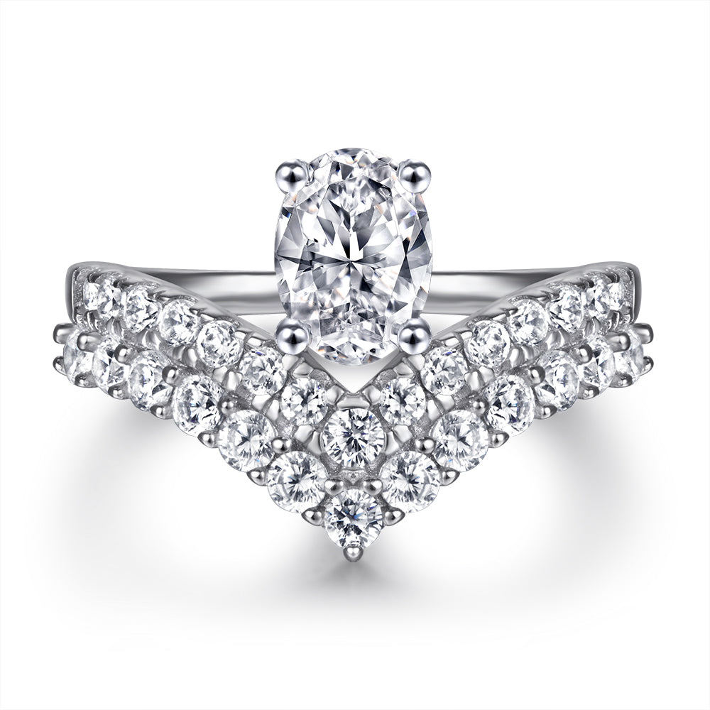 925 Sterling Silver Cz Oval Top Set with Double Wishbone Below Ladies Ring