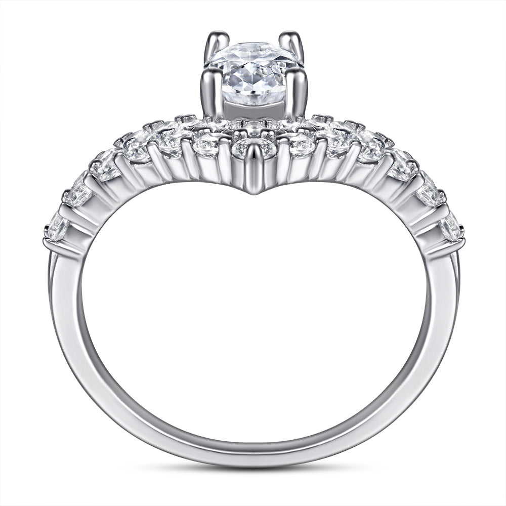 925 Sterling Silver Cz Oval Top Set with Double Wishbone Below Ladies Ring