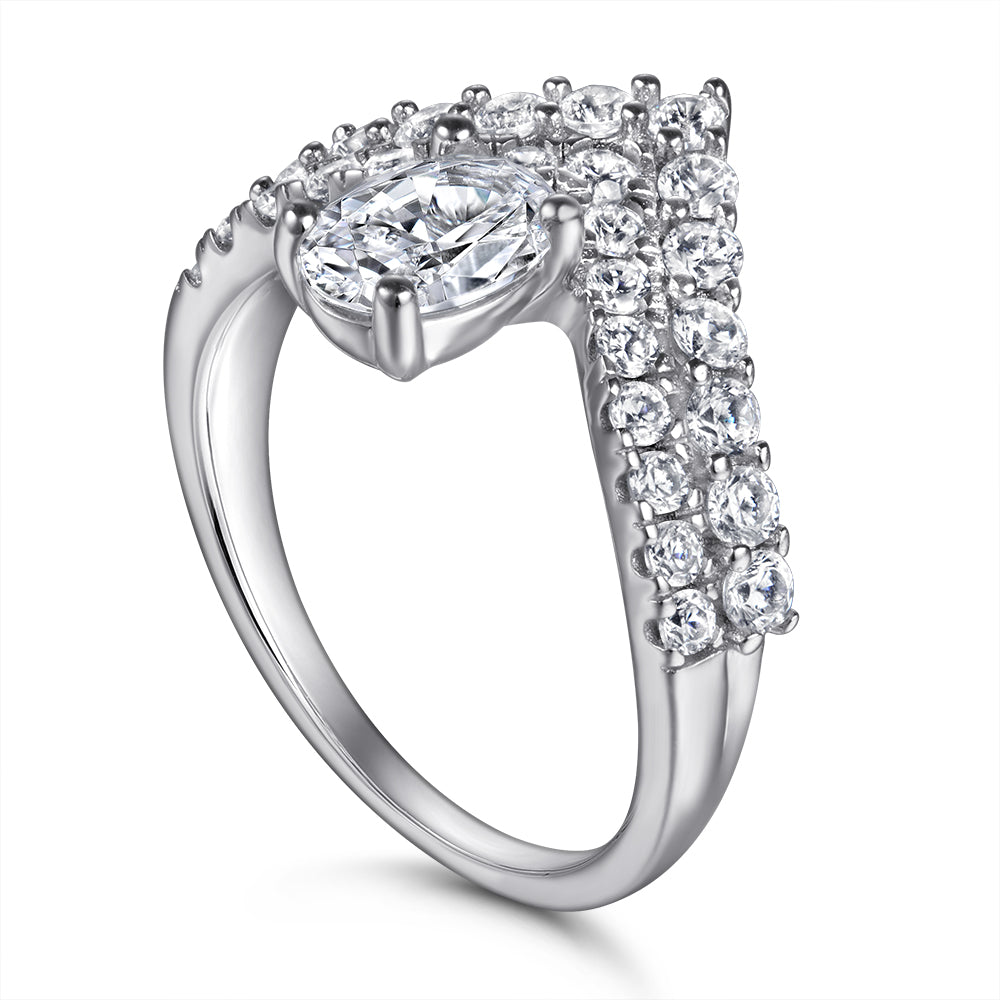 925 Sterling Silver Cz Oval Top Set with Double Wishbone Below Ladies Ring