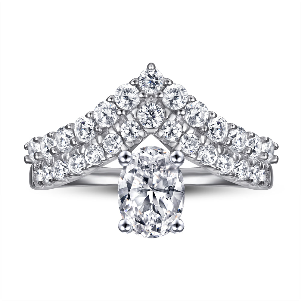 925 Sterling Silver Cz Oval Top Set with Double Wishbone Below Ladies Ring