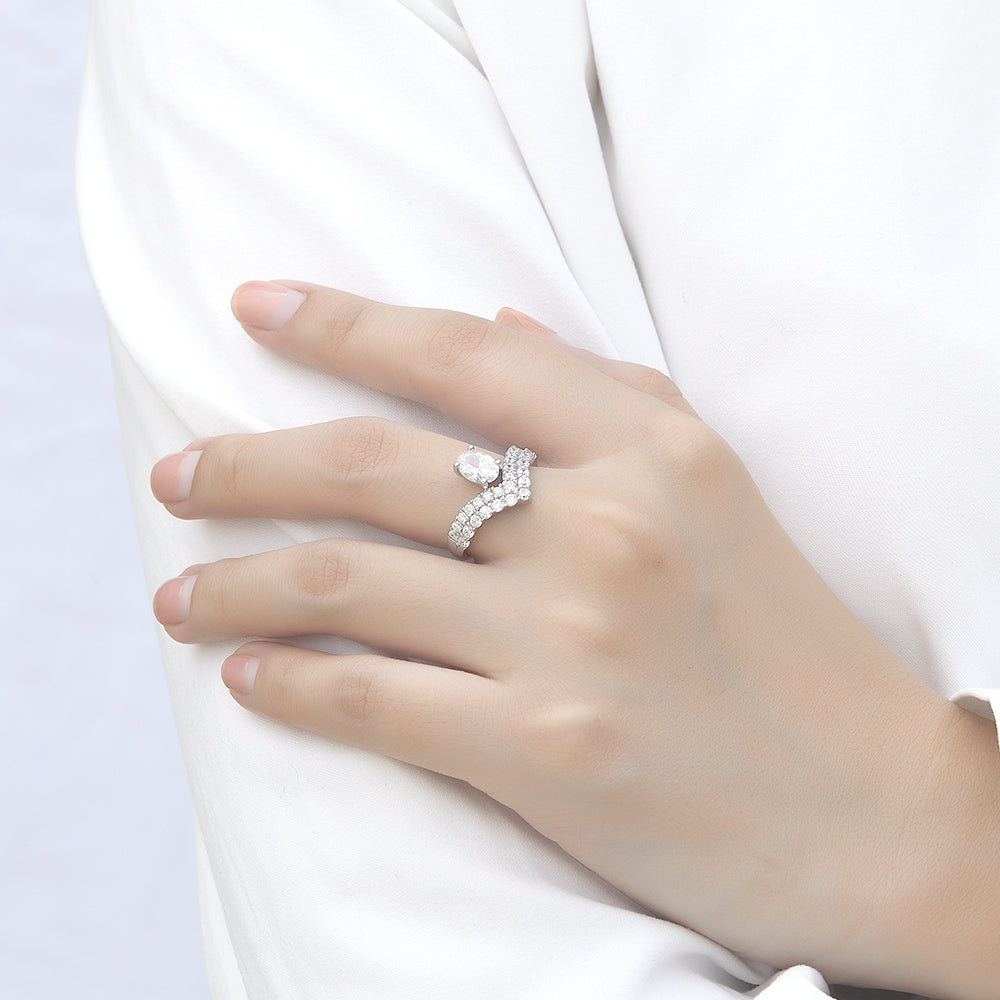 925 Sterling Silver Cz Oval Top Set with Double Wishbone Below Ladies Ring
