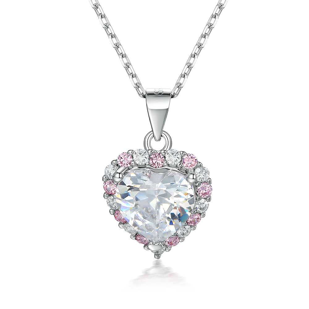 925 Sterling Silver Pink & White Cz Heart Pendant with Chain