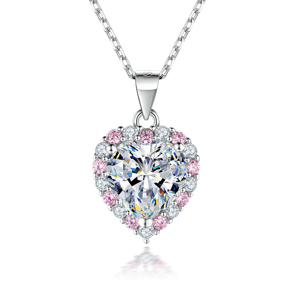925 Sterling Silver Pink & White Cz Heart Pendant with Chain