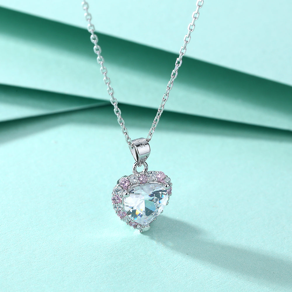 925 Sterling Silver Pink & White Cz Heart Pendant with Chain