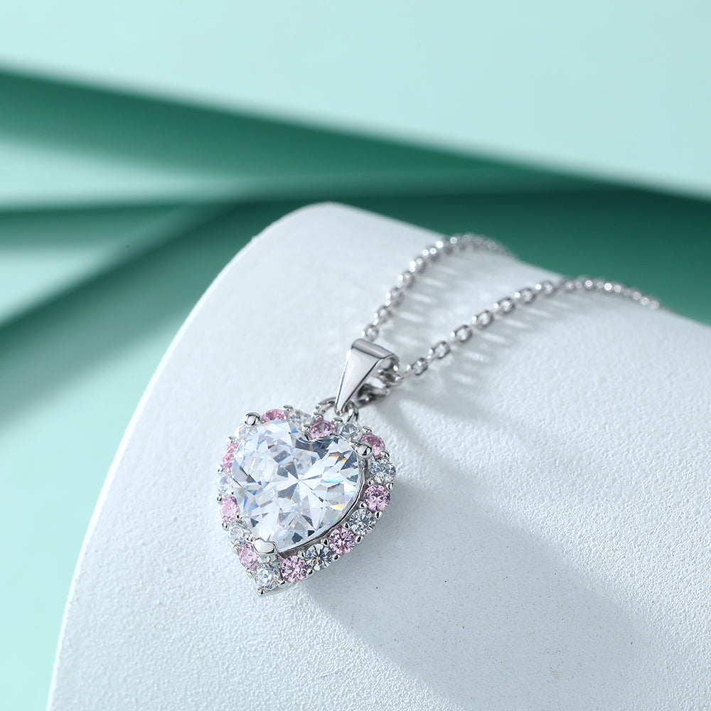 925 Sterling Silver Pink & White Cz Heart Pendant with Chain