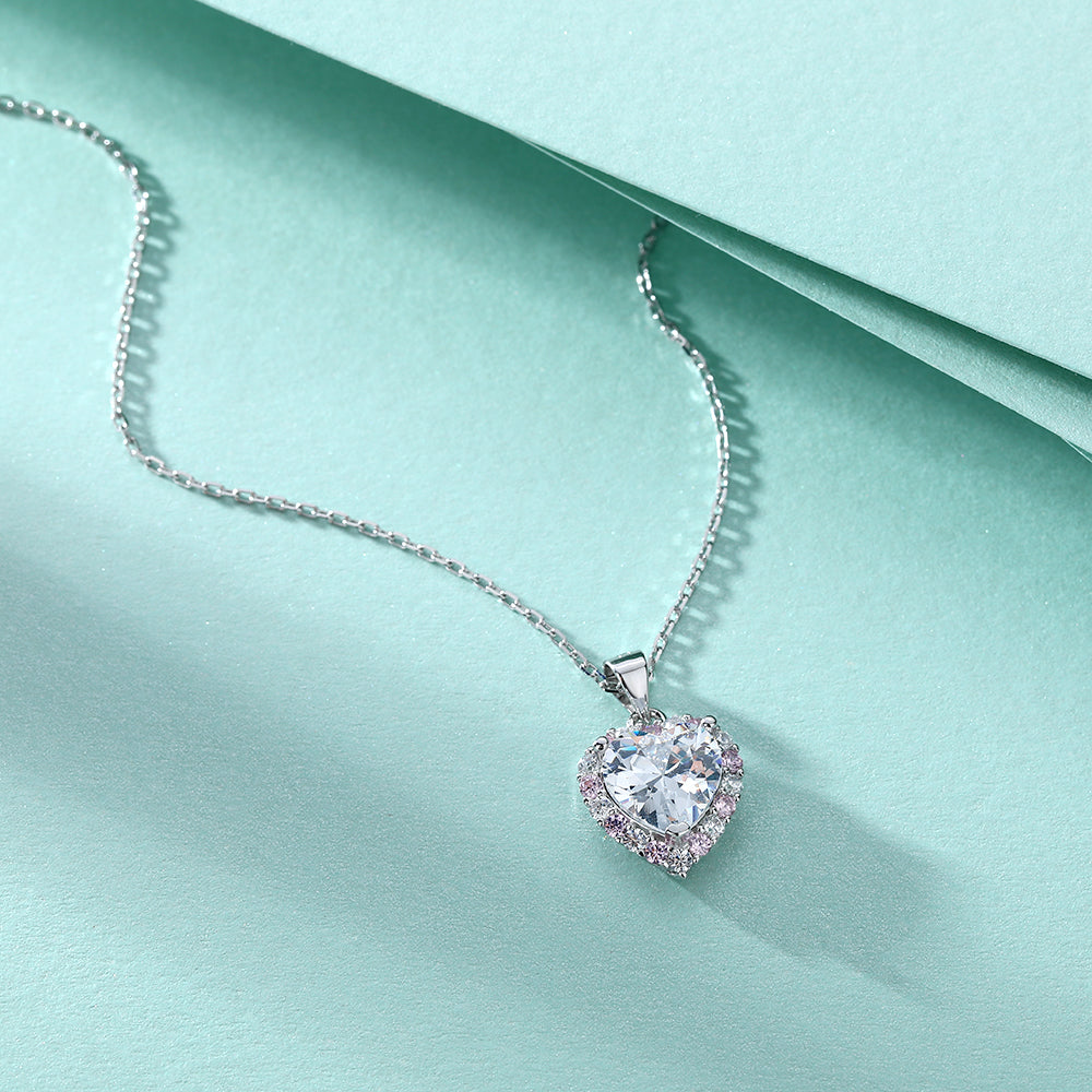 925 Sterling Silver Pink & White Cz Heart Pendant with Chain