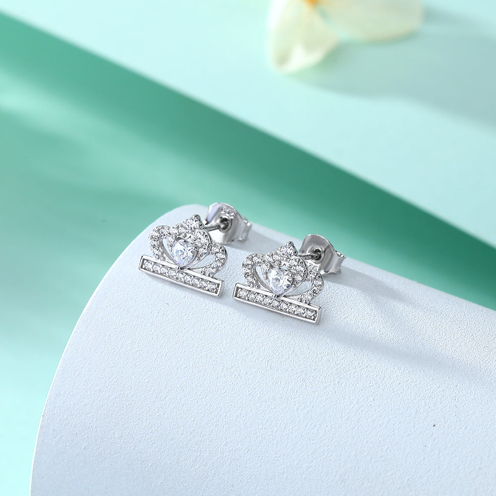 925 Sterling Silver Cz Crown Design Ladies Stud Earrings