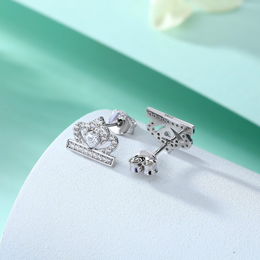 925 Sterling Silver Cz Crown Design Ladies Stud Earrings