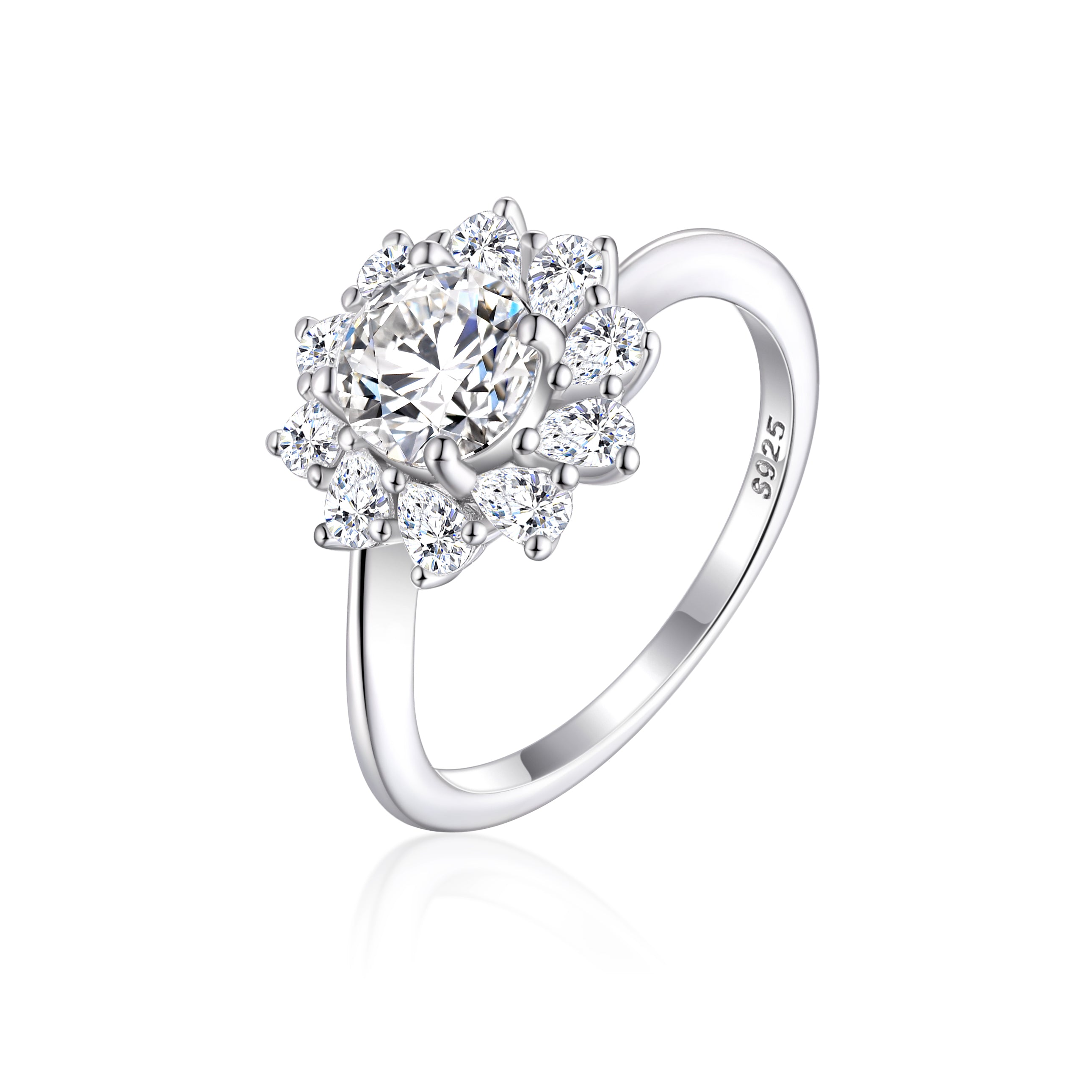 925 Sterling Silver Cz Round Centre with Surrounding Pear Cut Flower Cluster Ladies Ring