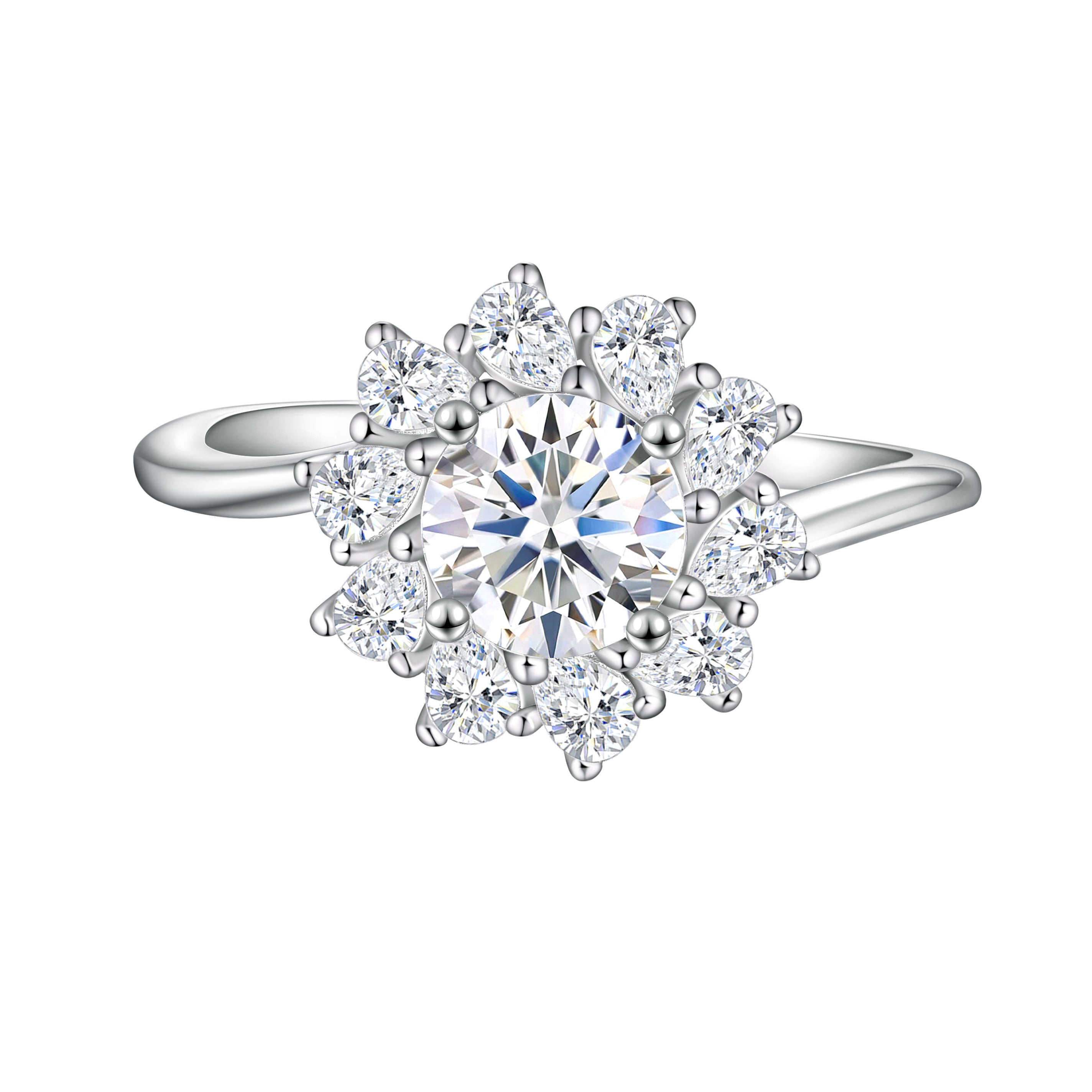 925 Sterling Silver Cz Round Centre with Surrounding Pear Cut Flower Cluster Ladies Ring