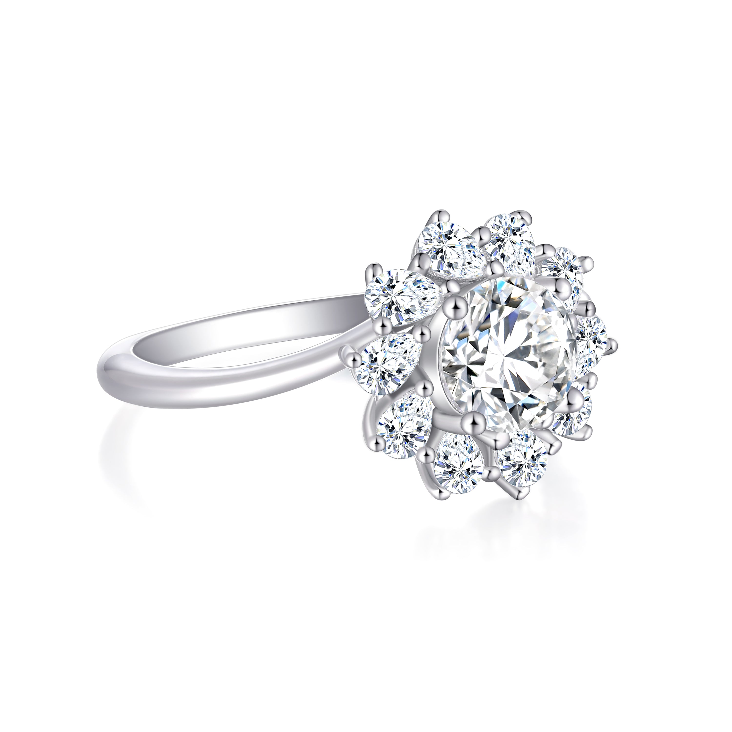 925 Sterling Silver Cz Round Centre with Surrounding Pear Cut Flower Cluster Ladies Ring