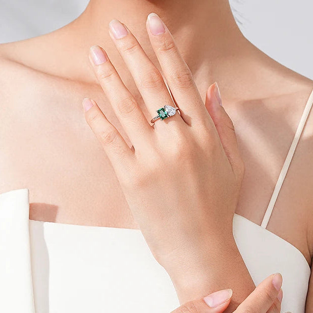 925 Sterling Silver Cz Emerald & Pear Cut Dual Stone Ladies Ring