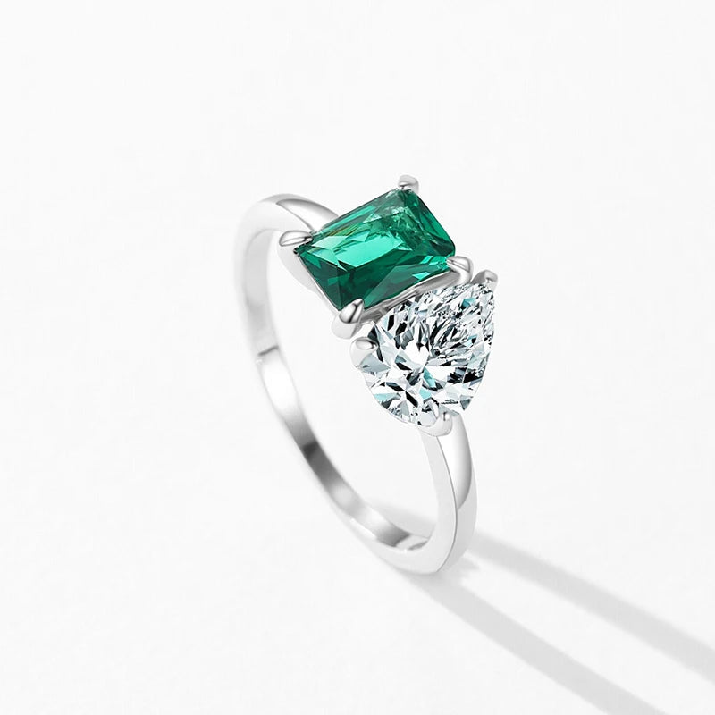 925 Sterling Silver Cz Emerald & Pear Cut Dual Stone Ladies Ring