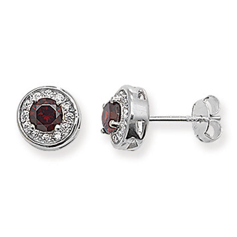 925 Sterling Silver Round Garnet Cz Halo Stud Earrings