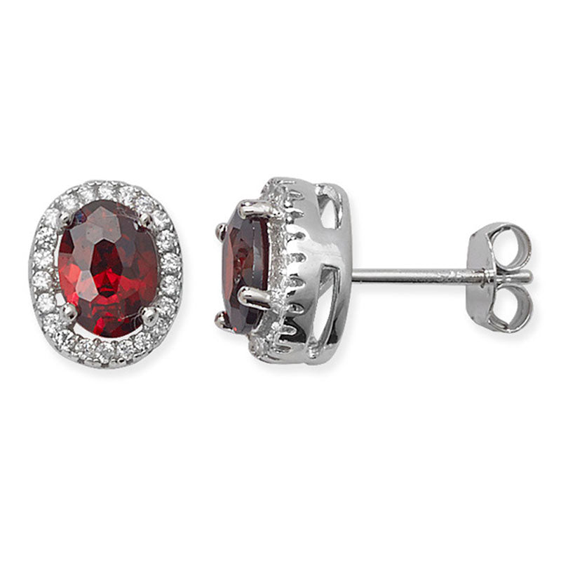 925 Sterling Silver Round Garnet Cz Oval Stud Earrings