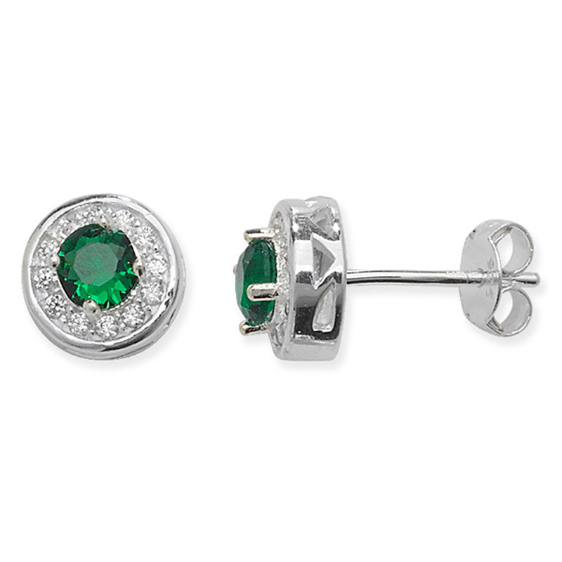 925 Sterling Silver Emerald Green Cz Round Halo Stud Earrings