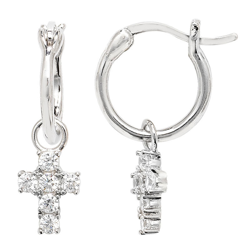925 Sterling Silver Hoop & Cz Cross Earrings