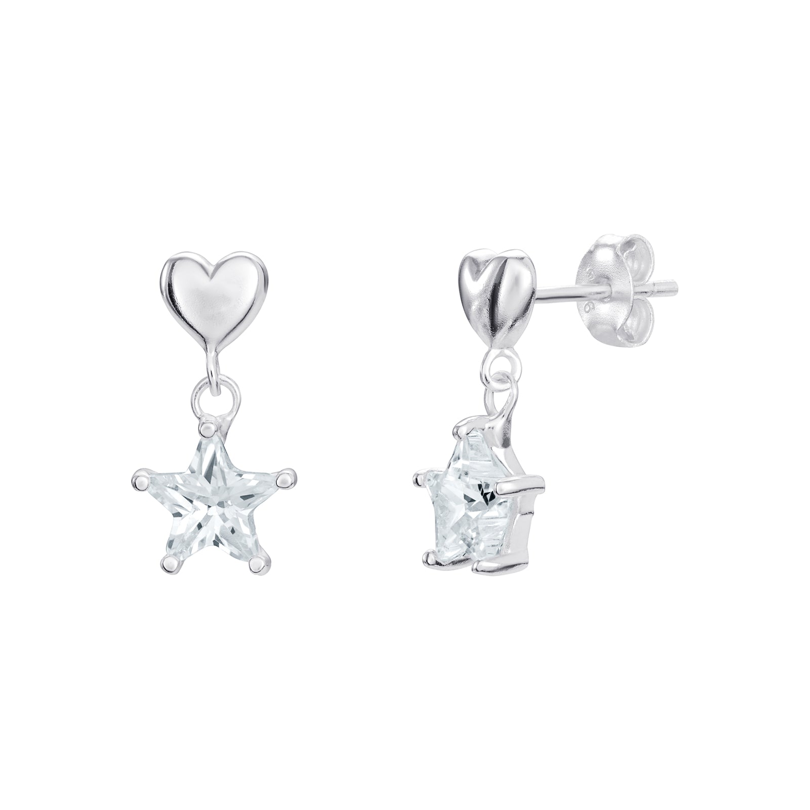 925 Sterling Silver Heart & Star Cz Drop Earrings