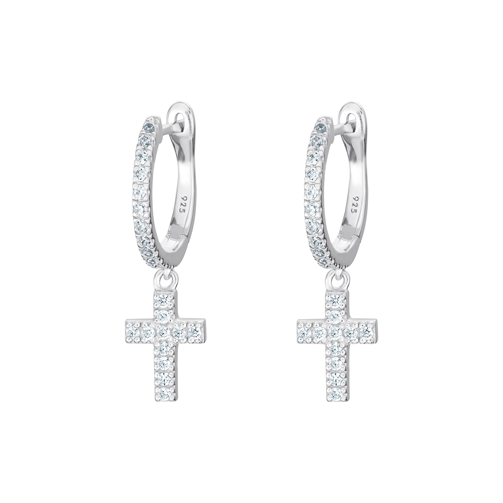 925 Sterling Silver Cz Hoop & Cross Earrings