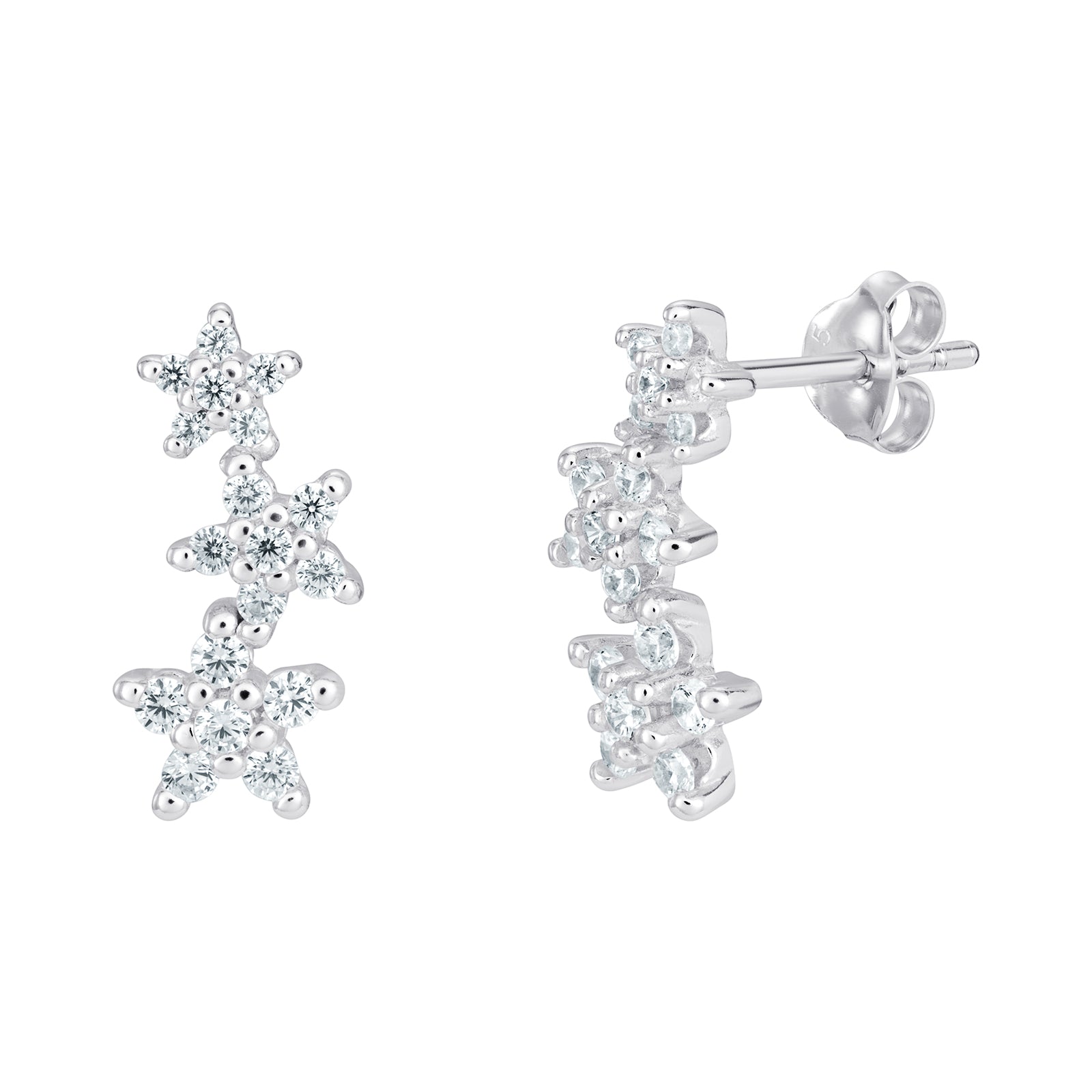 925 Sterling Silver Cz Triple Star Ladies Drop Earrings