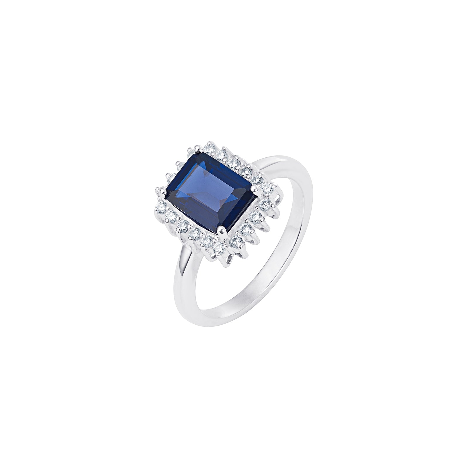925 Sterling Silver Emerald Cut Blue Sapphire Cz Ladies Cocktail Ring