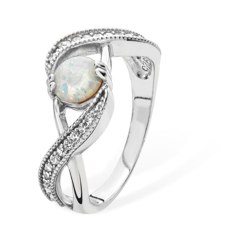925 Sterling Silver Opal & White Cz Solitaire with Milgrain Set Twist Band Ladies Ring