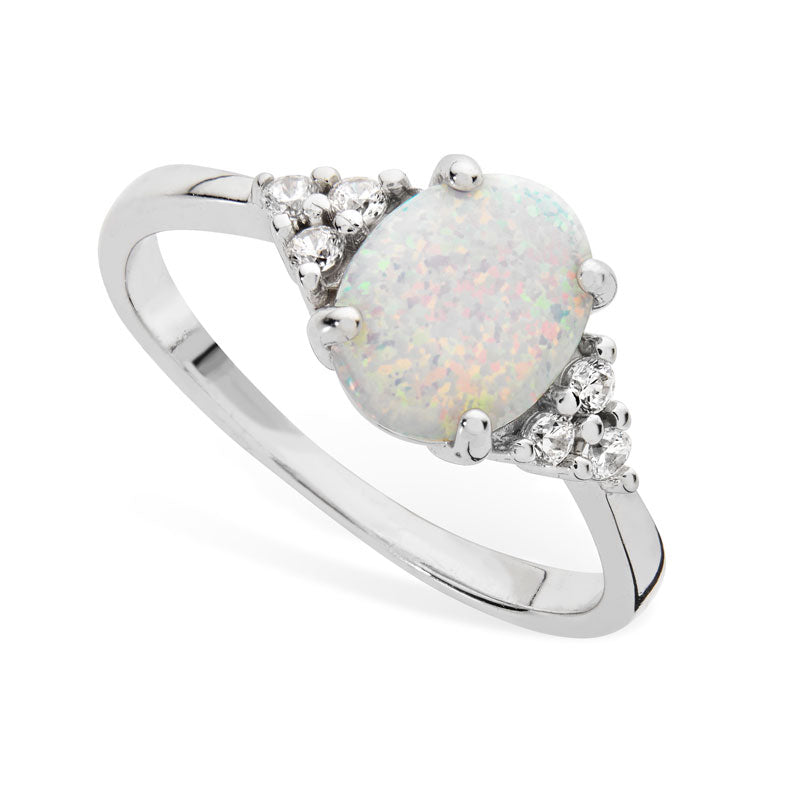 925 Sterling Silver Ladies Oval Opal Ring with Side CZ Accents