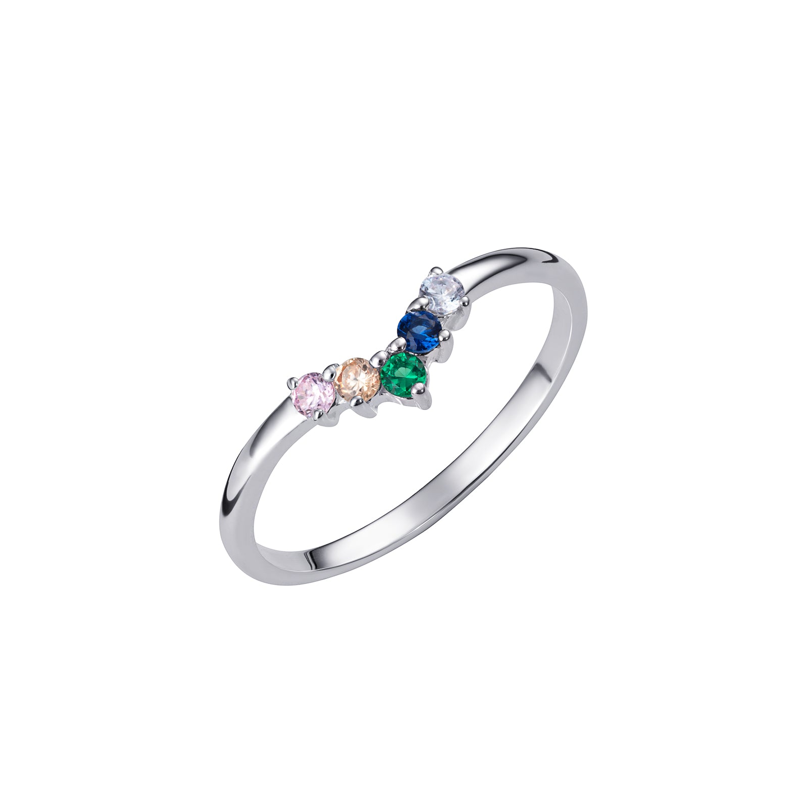 925 Sterling Silver Multi Coloured Cz Round Cut Ladies Wishbone Ring