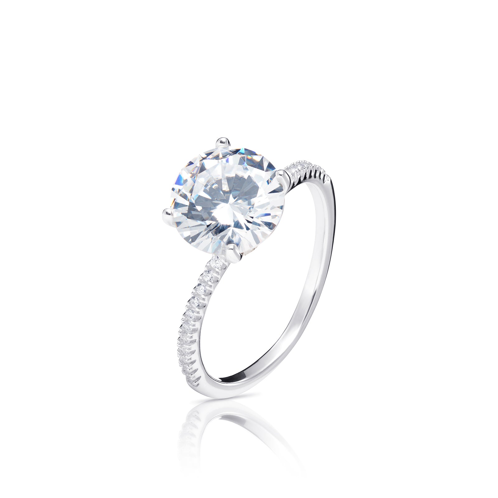 925 Sterling Silver 8mm Round Cz Solitaire with Side Stones Ladies Ring