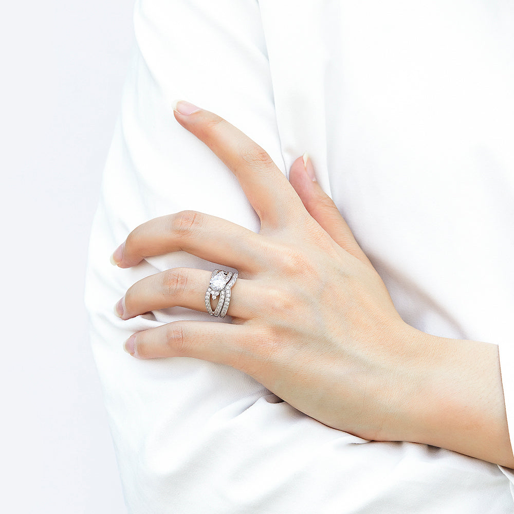 925 Sterling Silver Cz Round Centre with Trinity Side Stone Setting & Fancy Band Ladies Bridal Ring Set