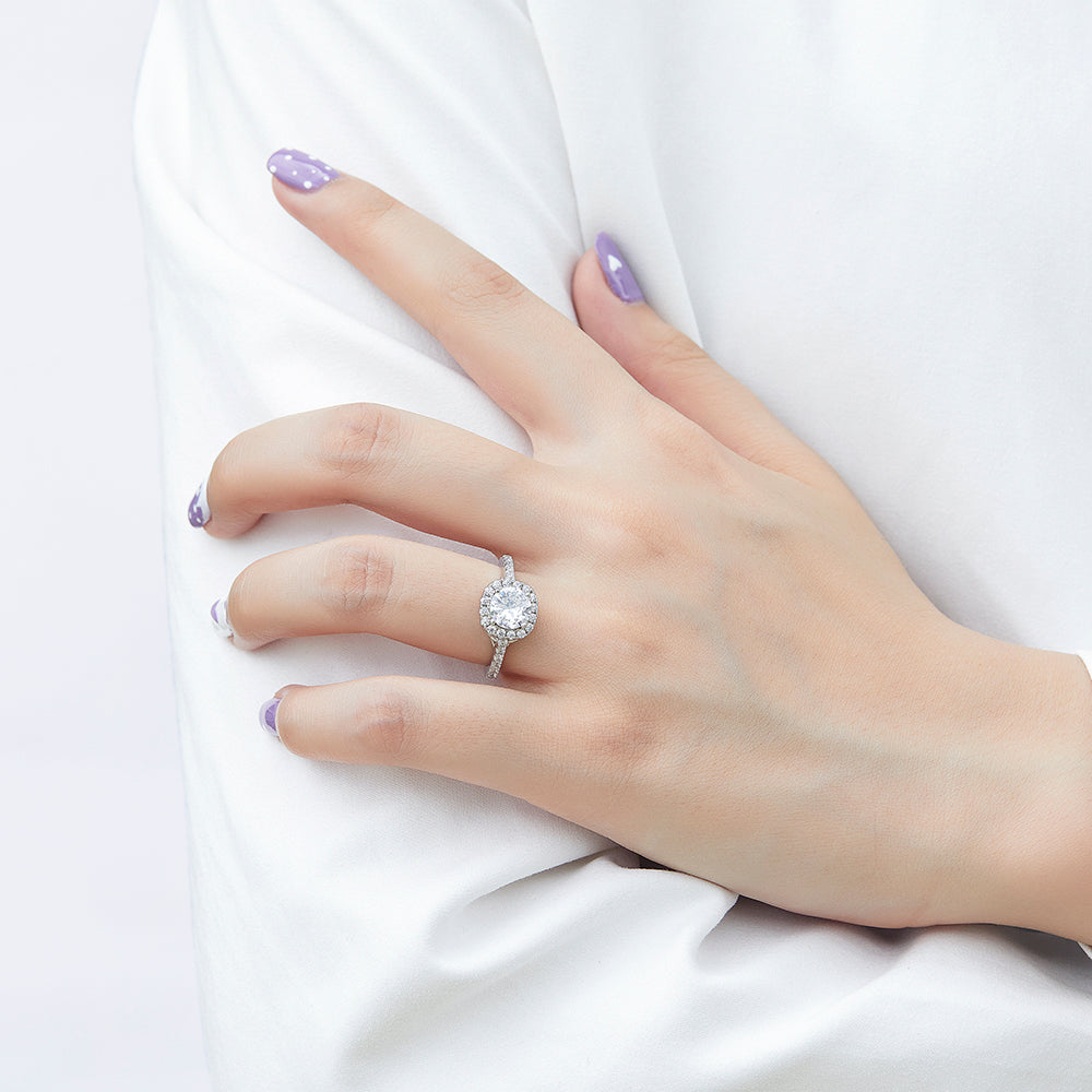 925 Sterling Silver 7mm Cz Round Cut Halo Ladies Ring