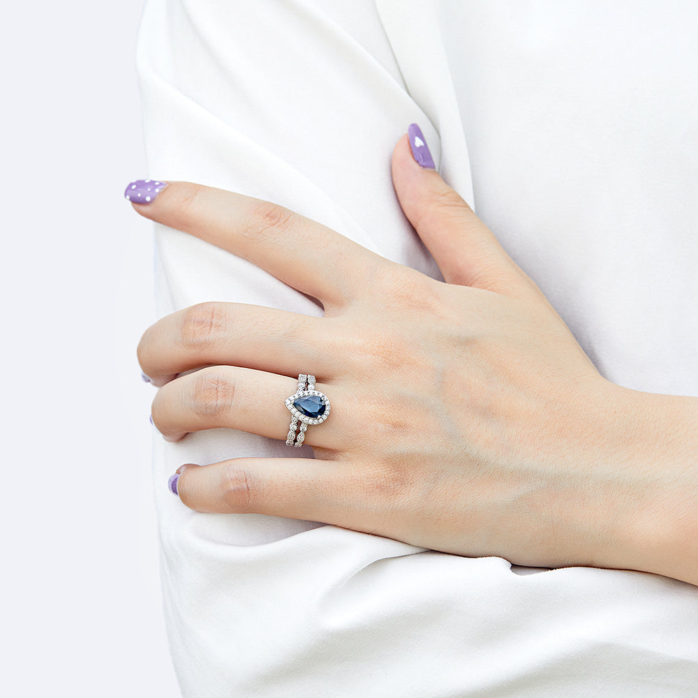 925 Sterling Silver Blue Sapphire Cz Pear Cut Halo Ladies Ring Set