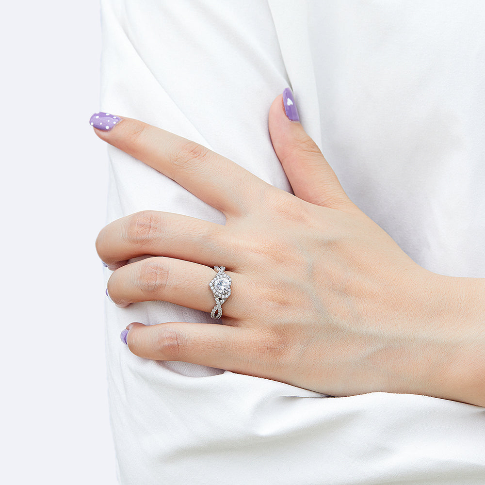 925 Sterling Silver Cz Heart Halo with Infinity Band Ladies Ring