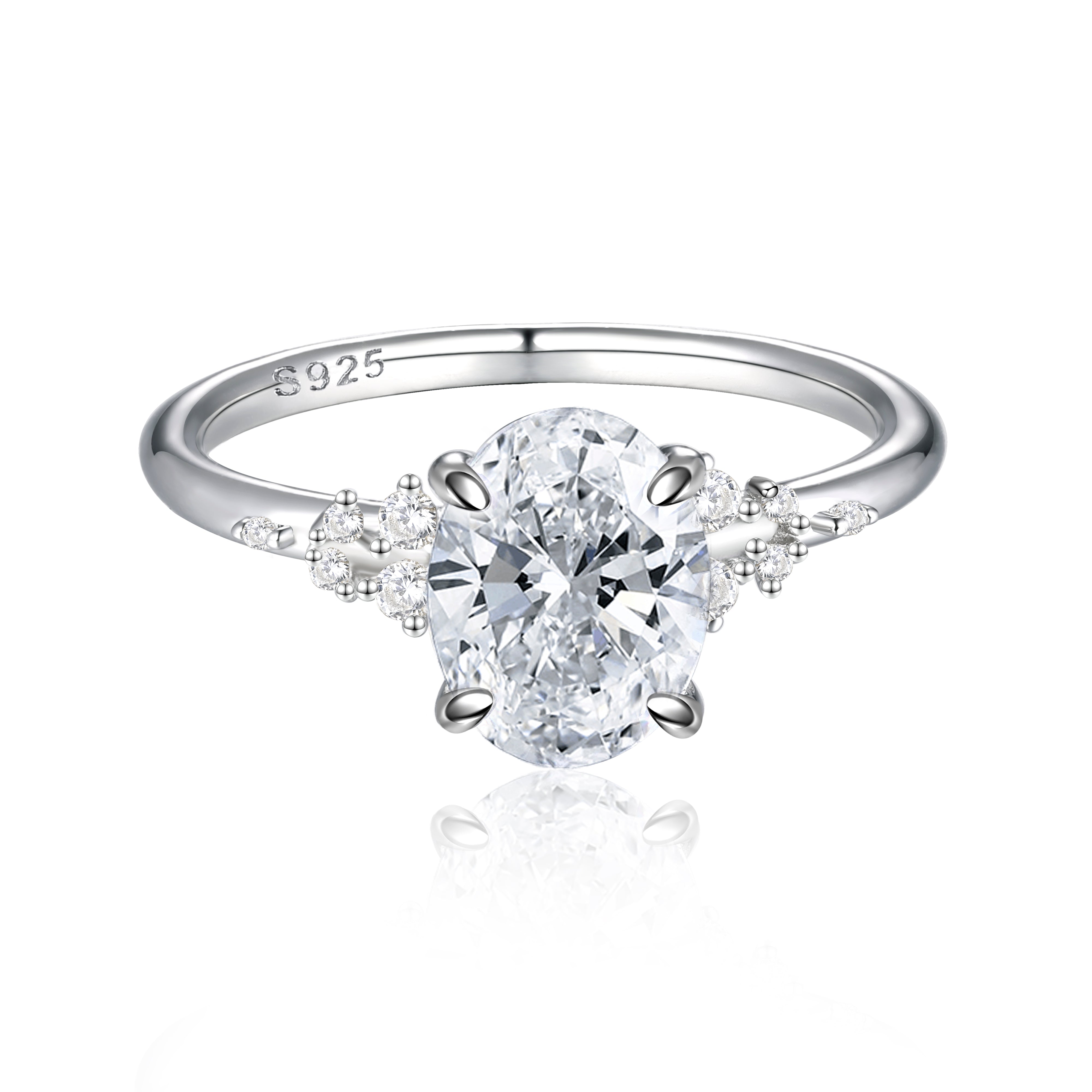 925 Sterling Silver 2ct Oval Cz Solitaire with Side Cz's Ladies Ring