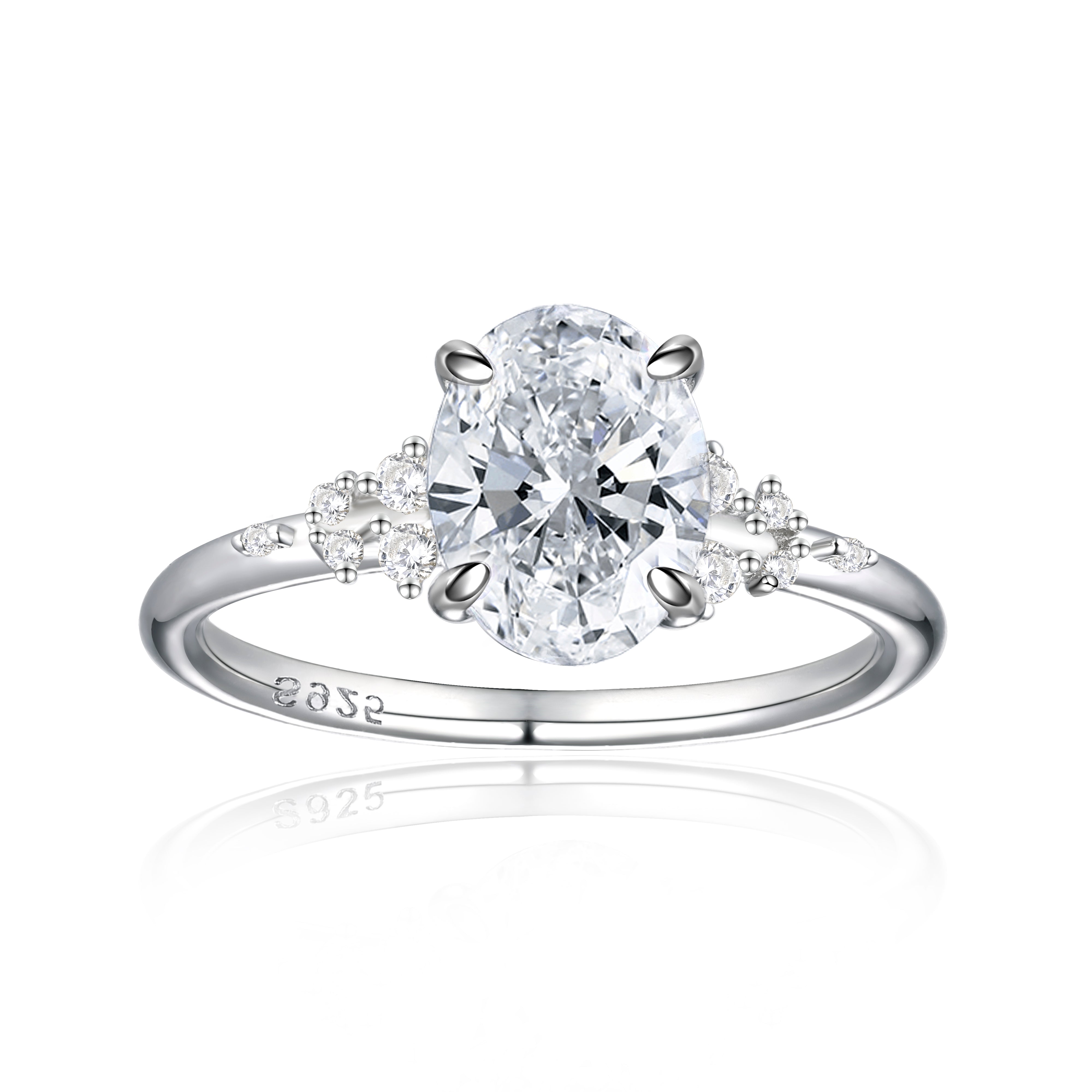 925 Sterling Silver 2ct Oval Cz Solitaire with Side Cz's Ladies Ring