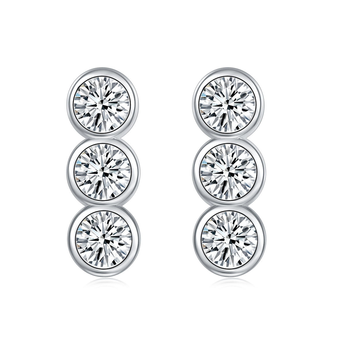 925 Sterling Silver Rubover Set Cz Trilogy Ladies Drop Earrings