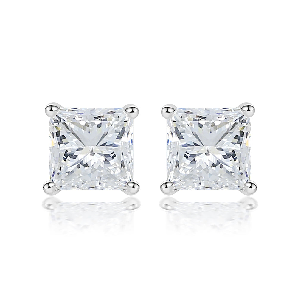 925 Sterling Silver Cz Princess Cut Ladies Stud Earrings