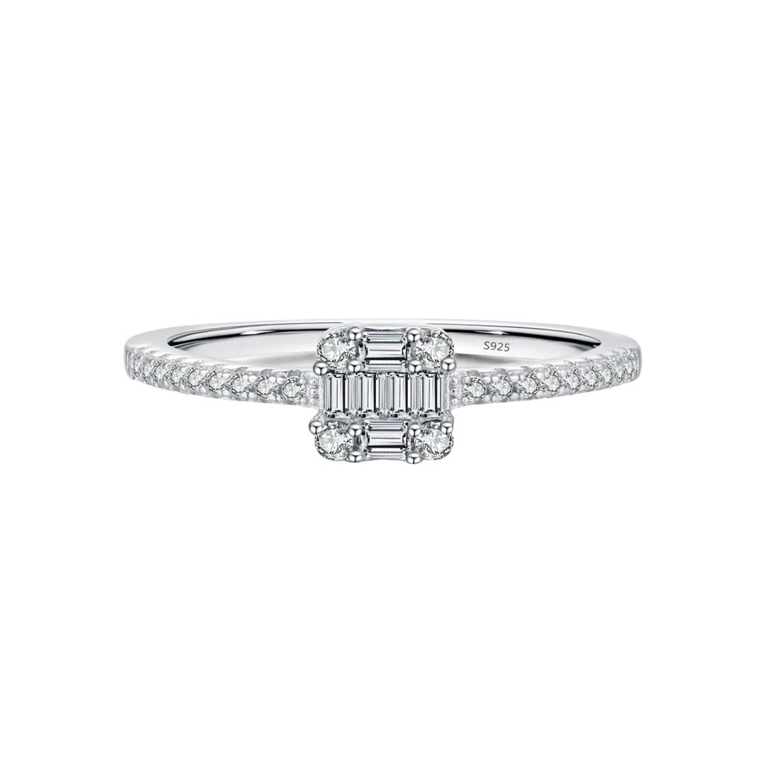 925 Sterling Silver Baguette & Round Cut Cz Ladies Cluster Ring