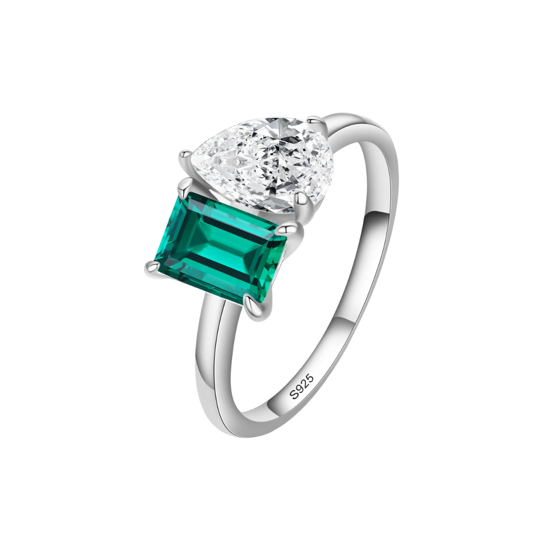 925 Sterling Silver Cz Emerald & Pear Cut Dual Stone Ladies Ring