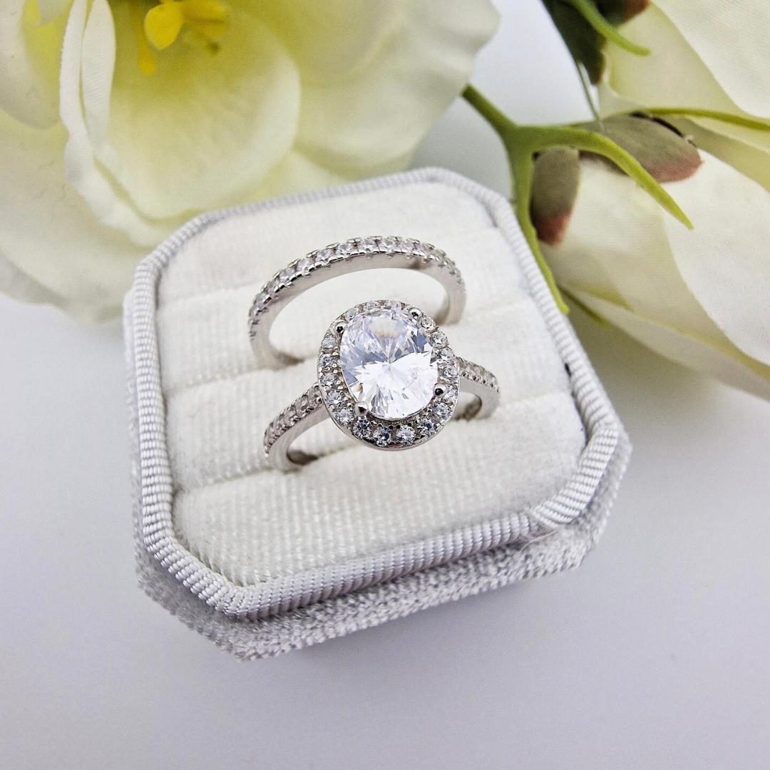 925 Sterling Silver Cz Oval Halo Ladies Bridal Ring Set