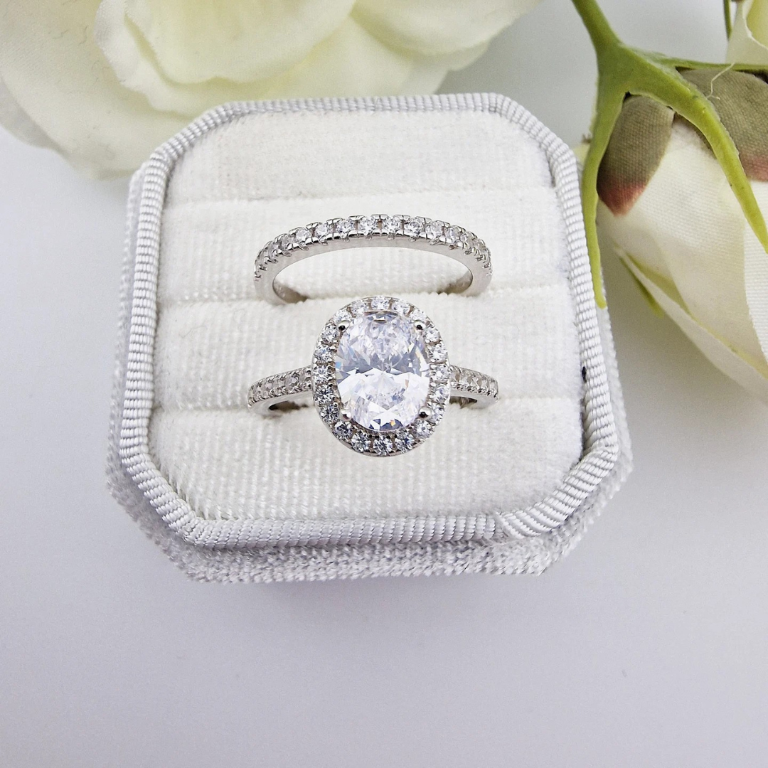 925 Sterling Silver Cz Oval Halo Ladies Bridal Ring Set