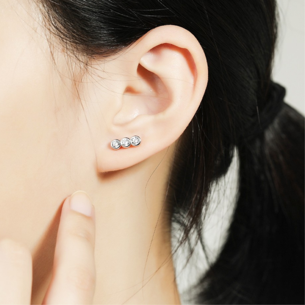 925 Sterling Silver Rubover Set Cz Trilogy Ladies Drop Earrings