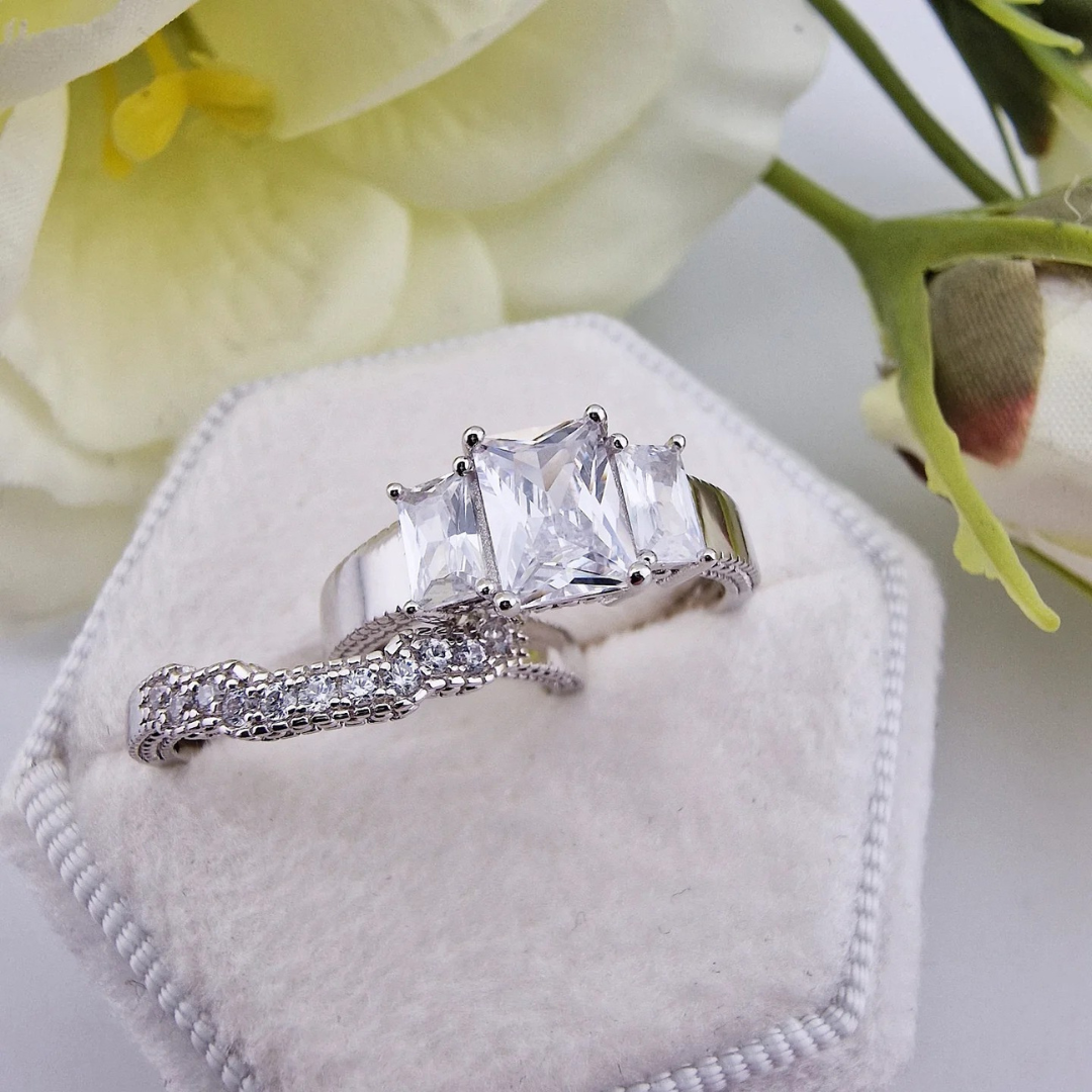 925 Sterling Silver Emerald Cut Cz Trilogy Ladies Bridal Ring Set
