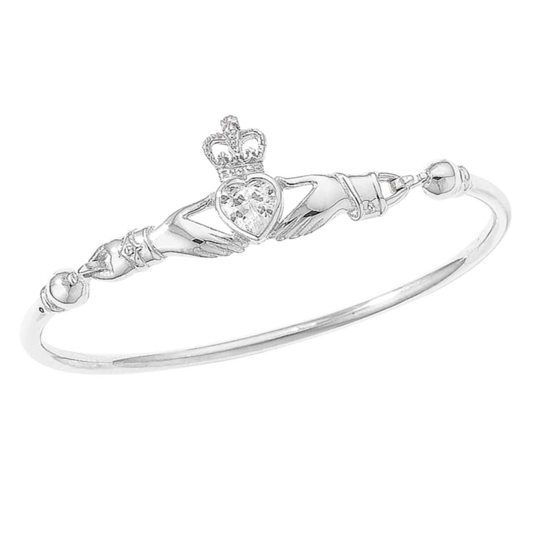 925 Sterling Silver Claddagh Bangle with Cz Heart