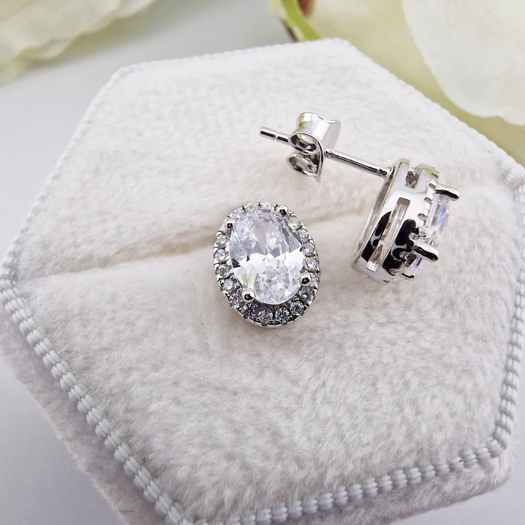 925 Sterling Silver Cz Oval Halo Ladies Stud Earrings
